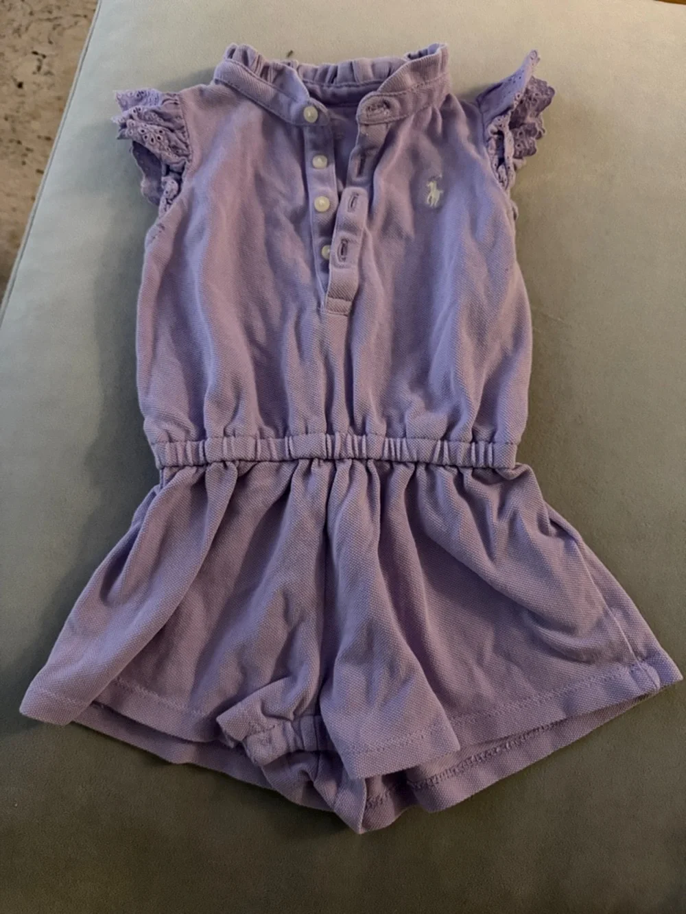 Ralph Lauren Lavender Pique Girls' Romper with Lace Sleeves